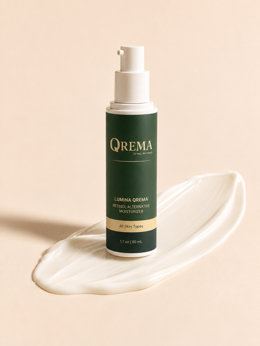 A bottle of QREMA Lumina Grema Retinol and Stem Cell Moisturizer standing upright on a white cream smear against a warm beige background.