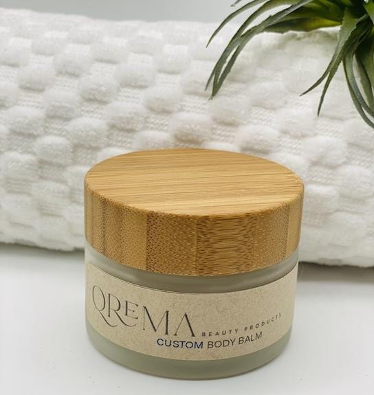 Qrema Custom Body Balm - Qrema, 2 oz of your own customized body balm! Glass jar bamboo lid.