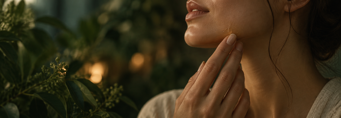 Hand applying a plant-based bakuchiol retinol alternative serum at night, botanical background, no visible packaging.
