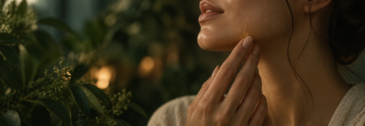 Hand applying a plant-based bakuchiol retinol alternative serum at night, botanical background, no visible packaging.