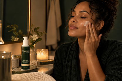 A woman in a dark robe applies cream to her cheek in a warmly lit bathroom setting. A green QREMA skincare bottle sits on the counter beside candles and flowers.