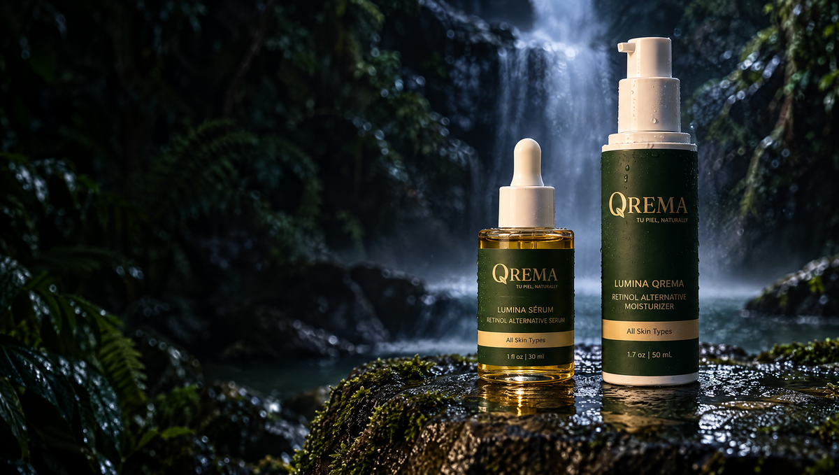 Two QREMA skincare bottles standing on a mossy rock in front of a waterfall forest backdrop. The smaller amber dropper bottle and the larger dark green pump bottle with white caps are both branded QREMA.