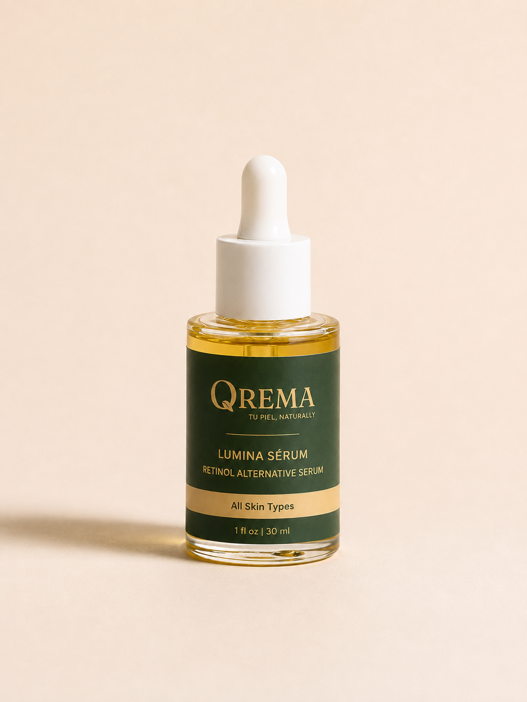 A 1 fl oz glass dropper bottle of QREMA Lumina Sérum Retinol Alternative Serum, featuring a dark green label with gold lettering and a white dropper cap, set against a solid beige background.