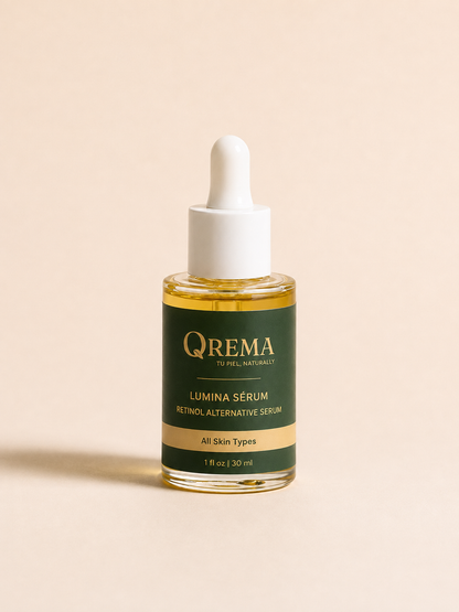 A 1 fl oz glass dropper bottle of QREMA Lumina Sérum Retinol Alternative Serum, featuring a dark green label with gold lettering and a white dropper cap, set against a solid beige background.