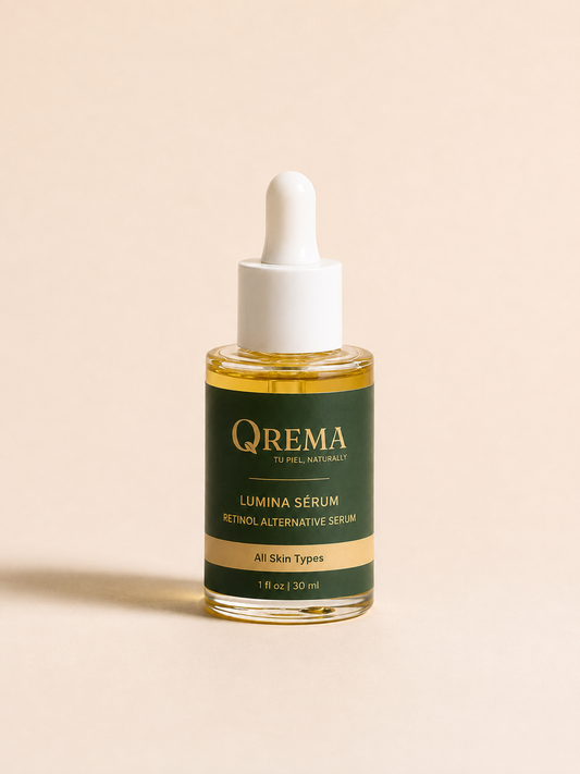A 1 fl oz glass dropper bottle of QREMA Lumina Sérum Retinol Alternative Serum, featuring a dark green label with gold lettering and a white dropper cap, set against a solid beige background.