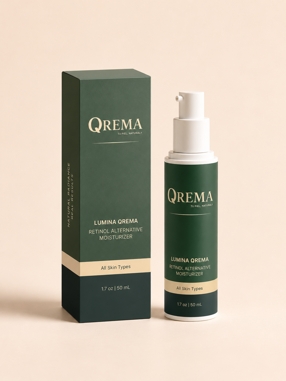 QREMA Lumina Orema Retinol Alternative Moisturizer shown with its dark green and gold packaging box and matching pump bottle on a warm beige background.