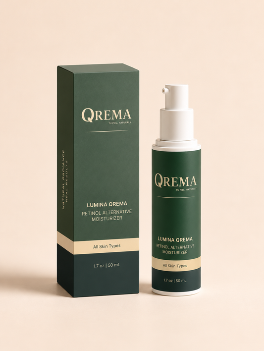QREMA Lumina Orema Retinol Alternative Moisturizer shown with its dark green and gold packaging box and matching pump bottle on a warm beige background.