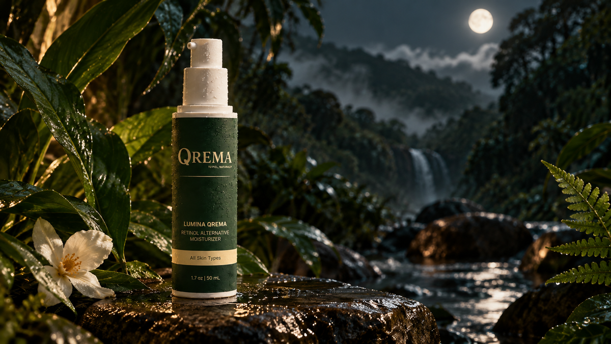 A bottle of QREMA Lumiera Shea hair oil stands on a wet rock in a lush jungle setting with a waterfall and moonlit sky in the background.