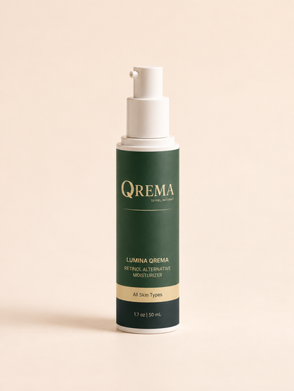 A bottle of QREMA Lumina Qrema Retinol Alternative Moisturizer, featuring a dark green and white bottle with gold lettering, set against a solid pale beige background.