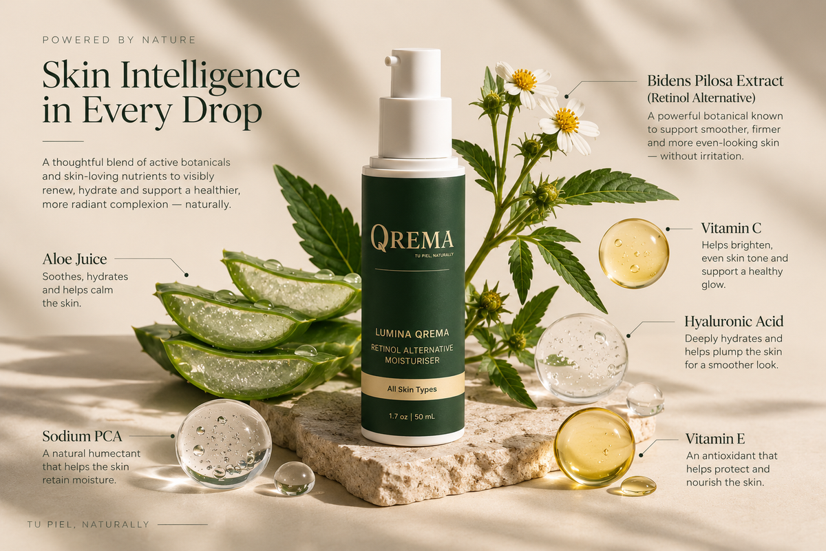A skincare bottle labeled QREMA Luxurious Retinol Night Moisturizer stands on a stone slab with botanical and ingredient callouts around it, including Aloe Juice, Sodium PCA, Bidens Pilosa Extract, Vitamin C, Hyaluronic Acid, and Vitamin E, on a warm beige background.