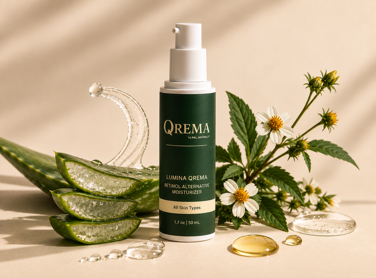 A bottle of QREMA Lumina Crema Retinol Alternative Moisturizer stands centered on a warm beige surface, surrounded by aloe vera slices, white flowers, green leaves, and clear gel droplets.