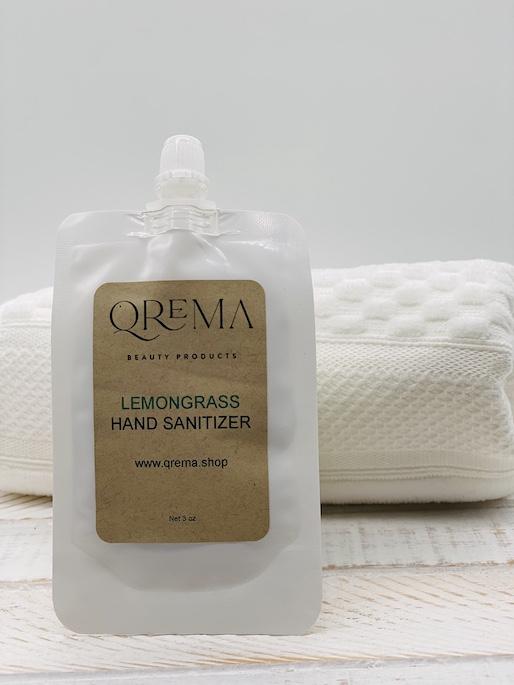 Qrema LEMONGRASS Hand Sanitizer Refill Pouch - Qrema Intense lemongrass scented scented hand sanitizer. Feel the sanitation!   Ingredients: 91% isopropyl alcohol, aloe vera gel, fragrance essential oil.  *hand sanitizer contains 80% isopropyl alcohol*  Shake well before use. Follow with your favorite Qrema Body Balm for best results.  Net 2 oz