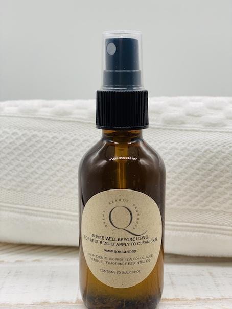 Qrema BAMBOO Hand Sanitizer Spray Bottle - Qrema Take a stroll through a rainforest, sanitize your hands with BAMBOO scented hand sanitizer  Ingredients: 91% isopropyl alcohol, aloe vera gel, fragrance essential oil.  *hand sanitizer contains 80% isopropyl alcohol*  Net 2 oz Glass Bottle.